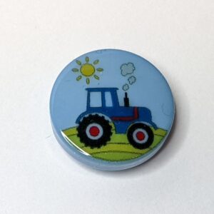 Børneknap blå med traktor 15mm